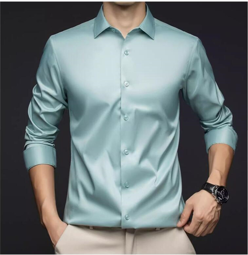 Mens Satin Silk Dress Shirt - قمصان رجالية بأكمام طويلة، مناسبة للعمل،