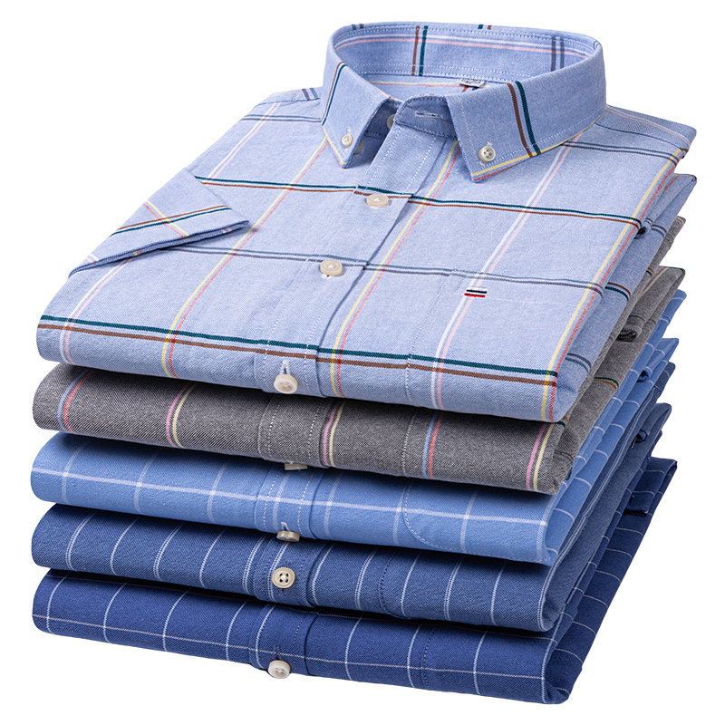 Oxford Cotton Casual Shirt Business - جودة الرجال قميص قصير الأكمام منقوشة