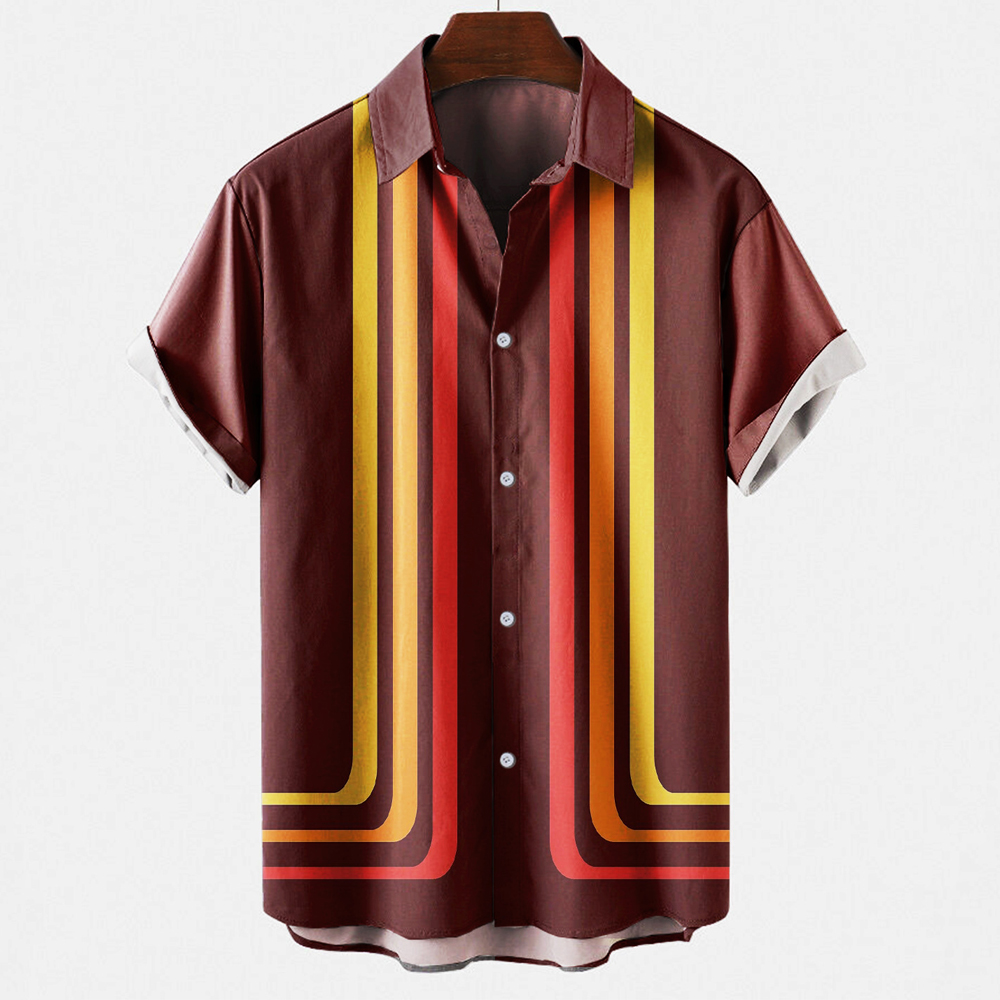 Short Sleeve Bowling Shirt Retro - قميص بولينج رجالي كلاسيكي مخطط بألوان