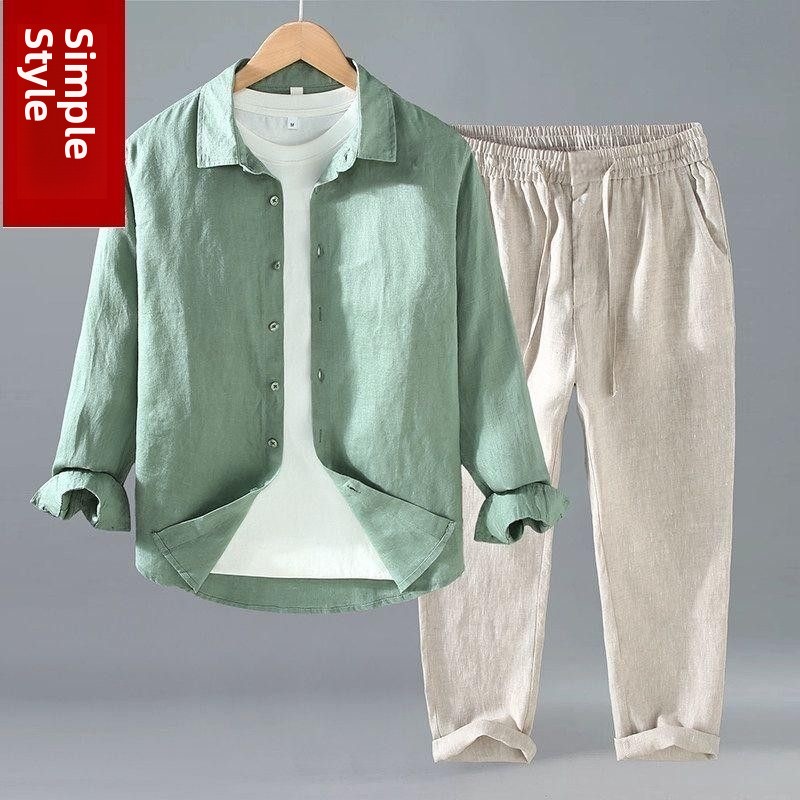 Mens Linen Shirt Long Sleeve - طقم قميص كتان فضفاض بأكمام قصيرة