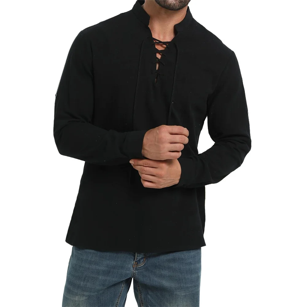 ربيع الخريف الرجال القراصنة قم - مراجعة Medieval Gothic Lace Up Pirate Shirt وسعره