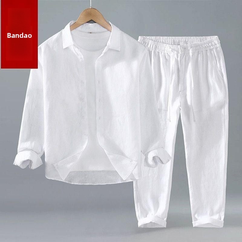 طقم قميص وبنطلون من القطن والك - مراجعة Mens Linen Shirt Long Sleeve وسعره