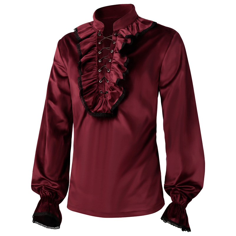 الأحمر الدانتيل يصل الكشكشة فا - مراجعة Medieval Gothic Lace Up Pirate Shirt وسعره