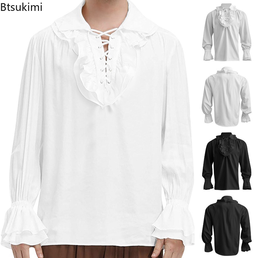 الرجال القرون الوسطى عصر النهض - مراجعة Medieval Gothic Lace Up Pirate Shirt وسعره
